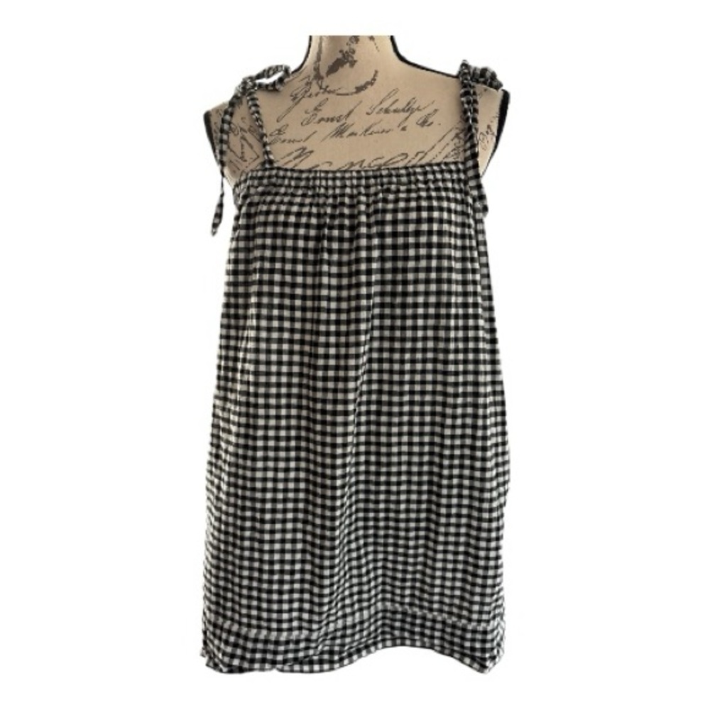 J Crew black white gingham check top tunic, tie straps, sz small Elastic smocked - Picture 3 of 7